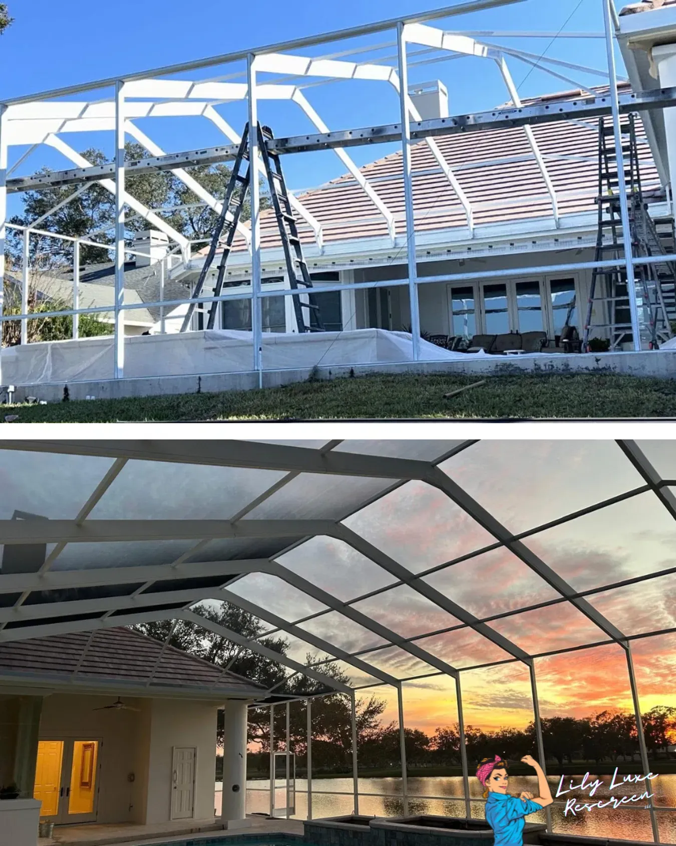 Before-and-after comparison of a pool enclosure rescreen, from worn screening to a clean, taut new finish at sunset