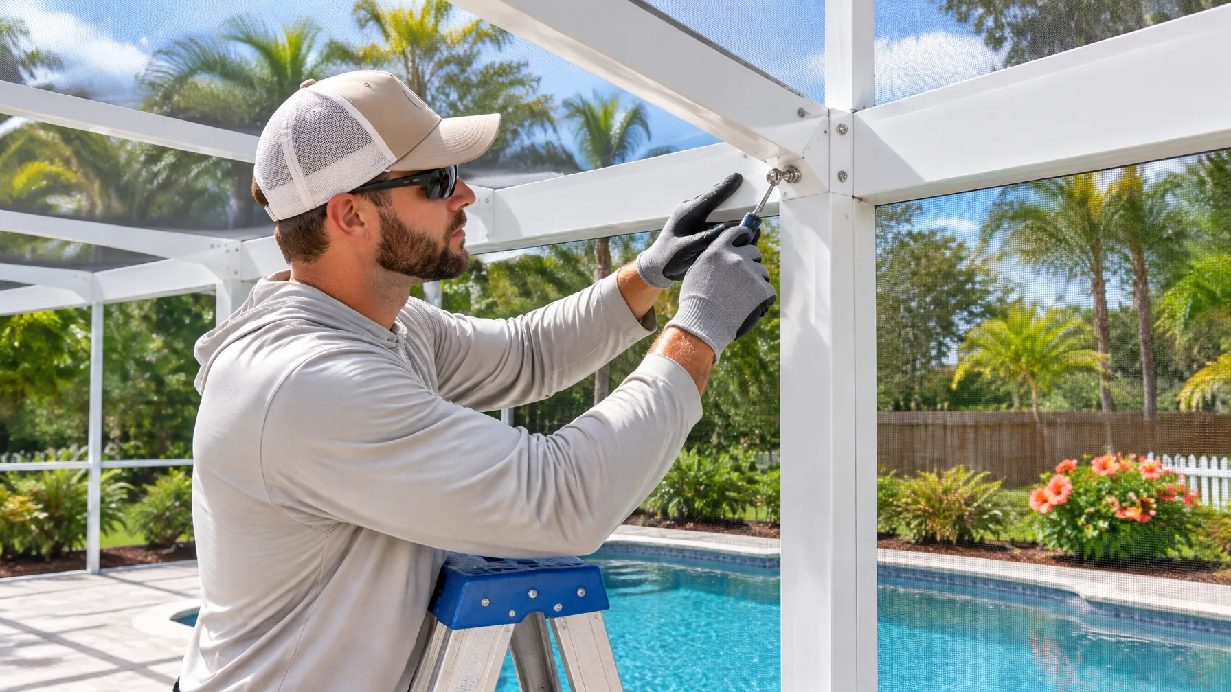 Technician carefully inspecting a pool cage connection and stainless fastener
