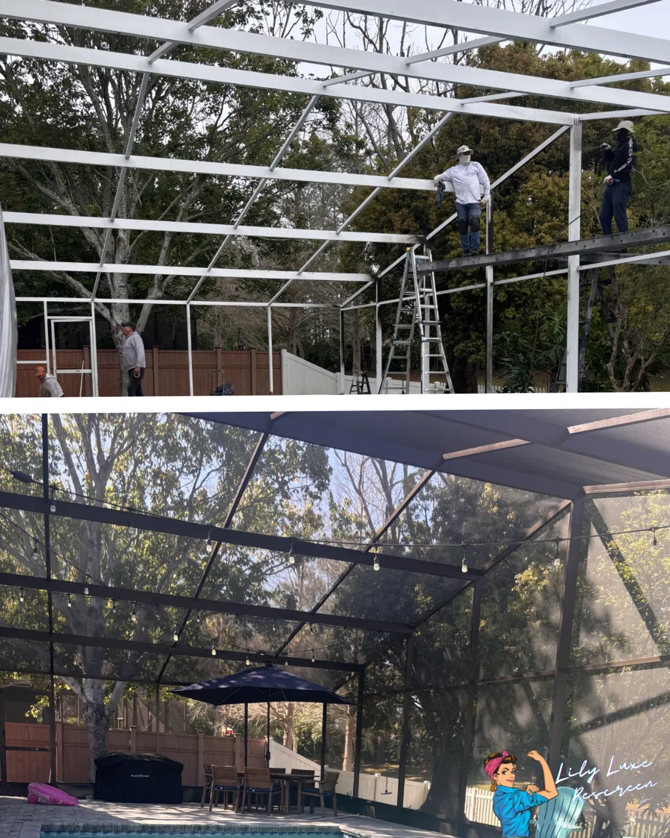 Installation team preparing an aluminum enclosure frame before new screening is installed