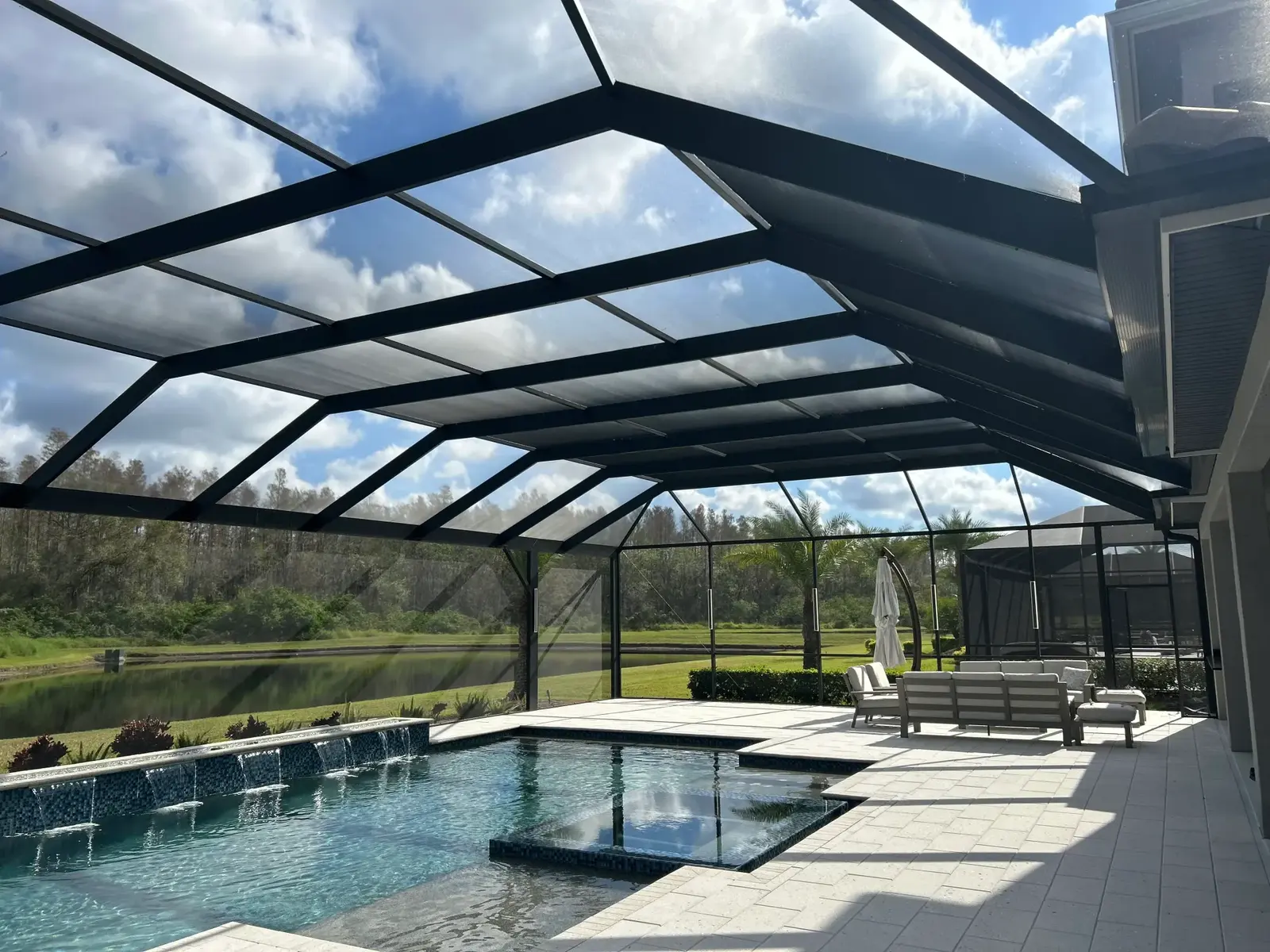 Rescreened Florida pool enclosure, illustrating an HD Screen material guide.