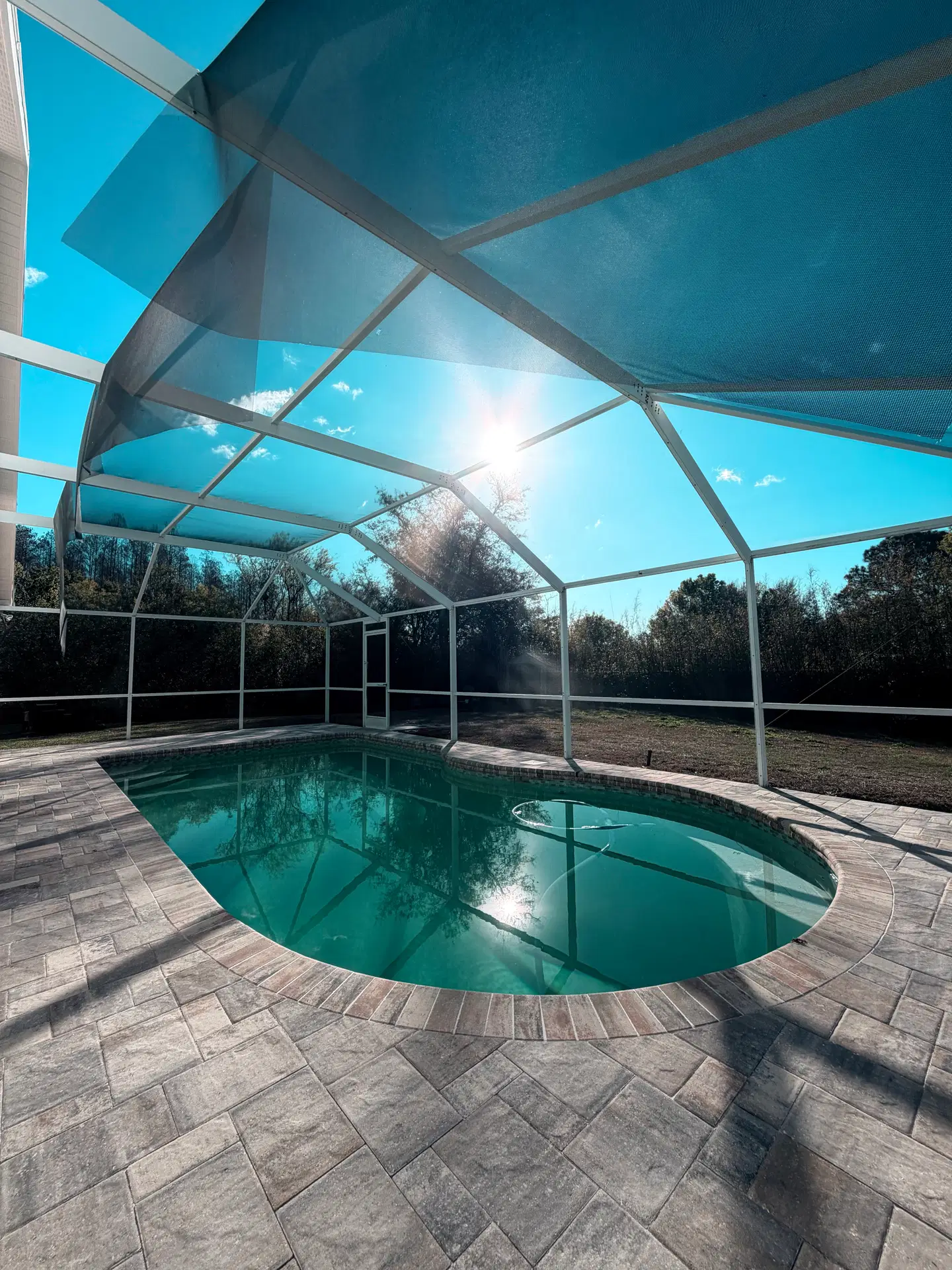 Torn screen panel at a Cheval pool enclosure, before repair.